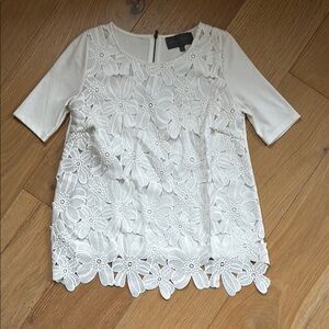 Anthropologie White Embellished 3/4 Sleeve Blouse